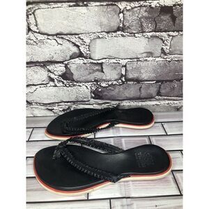 Tiurai Black Leather Thong Flip Flops Slides Kitten Heel Sandals Women’s Sz 37EU